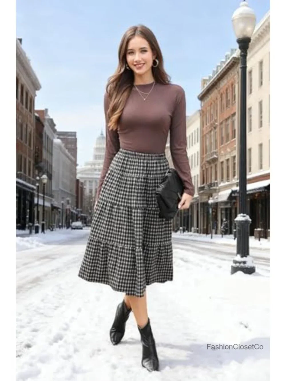 High Waisted Plaid Pleated Maxi Skirt Plus Size Fall Winter